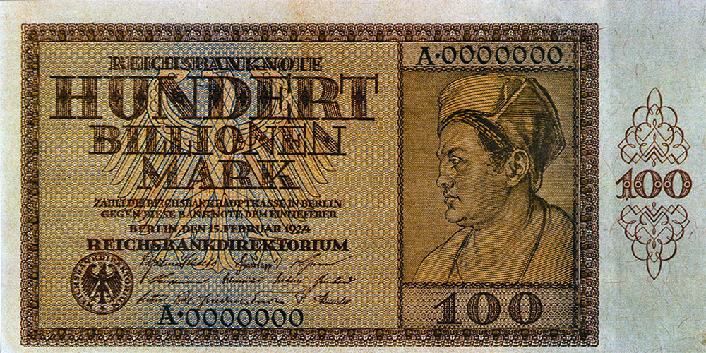 1924 German banknote worth 100 trillion Mark