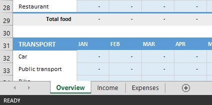 My budget spreadsheet consists of three tabs: overview, income and expenses